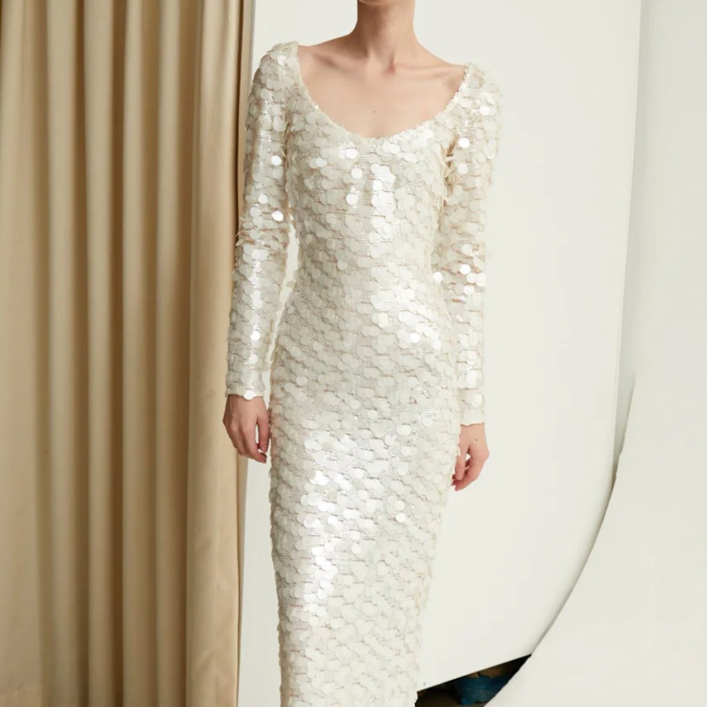 Nwt Ilkyaz Ozel Circe Dress | White Sequin Maxi Bridal Gown | Fr 38 Us 6